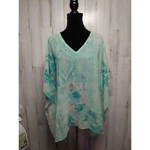 Chico's S/M Sheer Overlay Topper Blue Green Watercolor Kimono Top